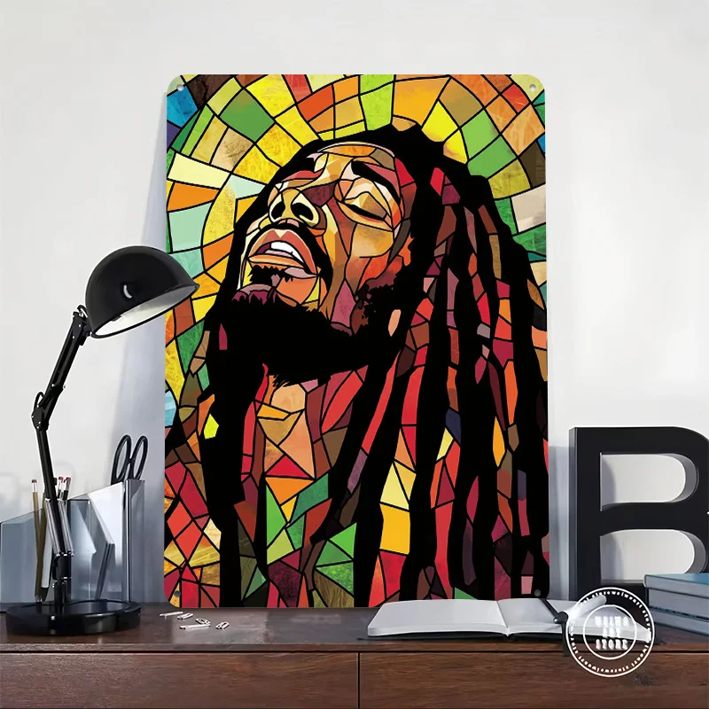 Bob Marley Stained Glass 3D Texture Metal Poster Customized Wall Art Tin Sign Gift for Mancave Bedroom Decoration Room Wand Deko