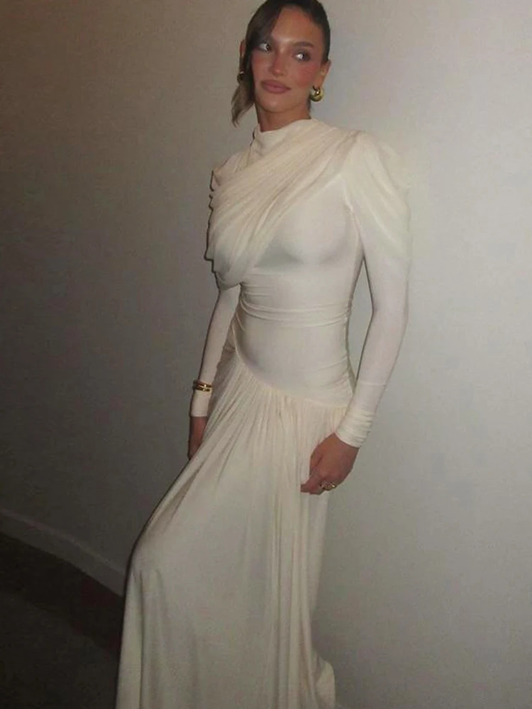 Sukienka maxi Nibber Folds, jesienny trend, damska, z okrągłym dekoltem, długi rękaw, dopasowana, elegancka, na studniówkę, imprezę, wakacje, w stylu greckim, vestidos