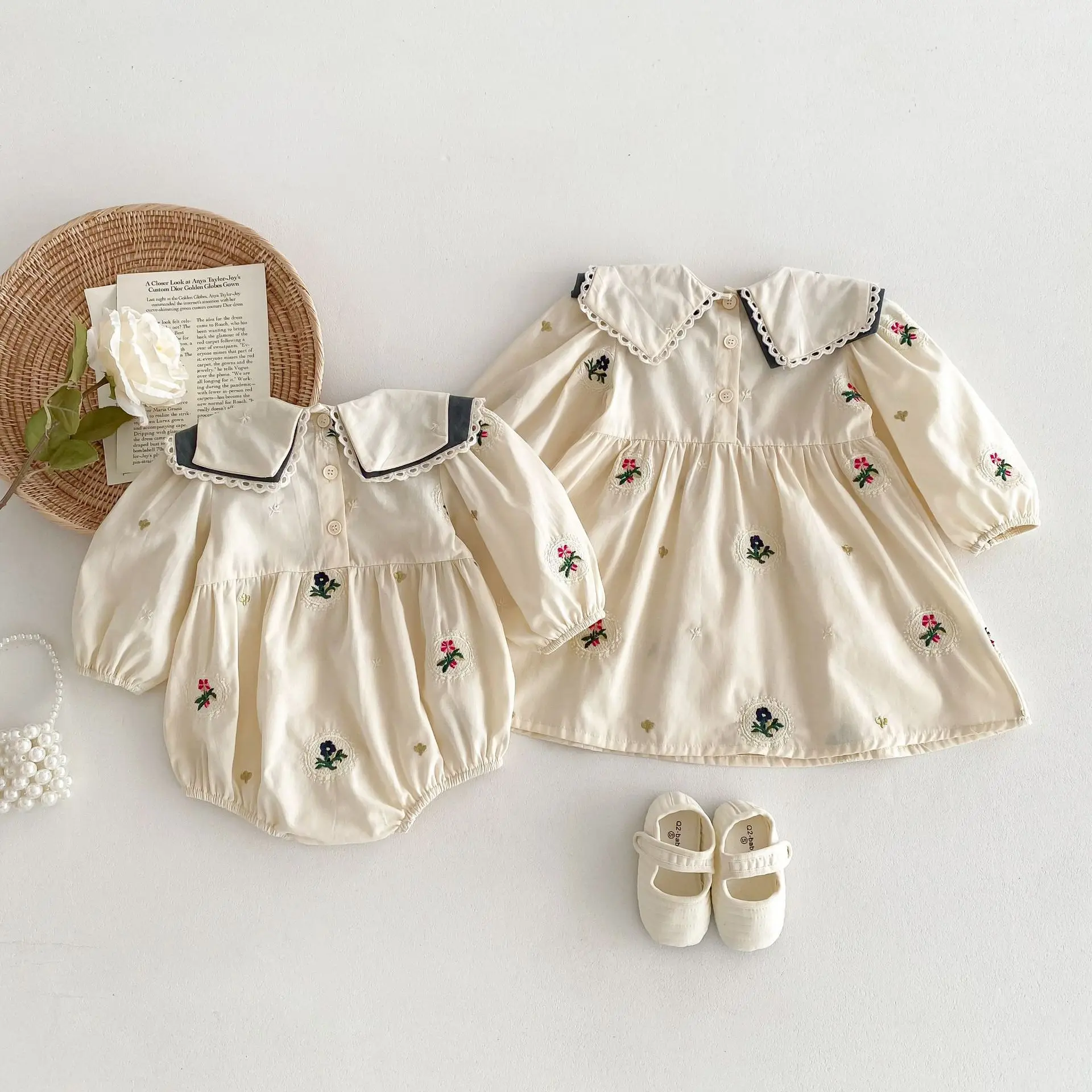 2024 Spring New Baby Girls Korean Dress Contrast Lapel Embroidered Long Sleeve Cotton Toddler Girls Dress Sisters Look Outfits