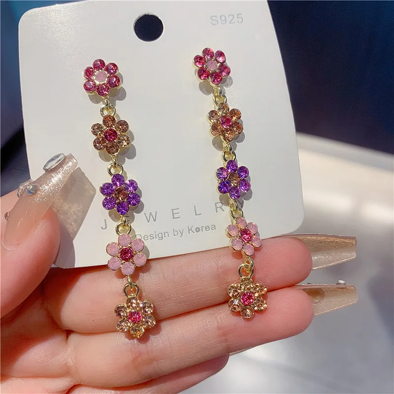 New Colorful Flower Rhinestone Long Earrings for Women Personality Fashion Summer Accessories Girly Party Jewelry Birthday Gift