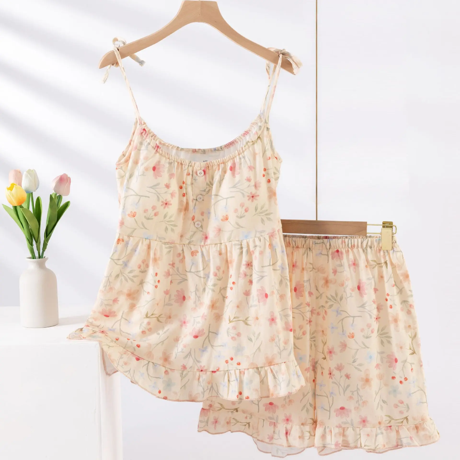 

2026 Summer New Women's Pajama Set 100% Cotton Gauze with Chest Cushion Strap+Shorts Thin Sweet Home Clothes Two Pieces