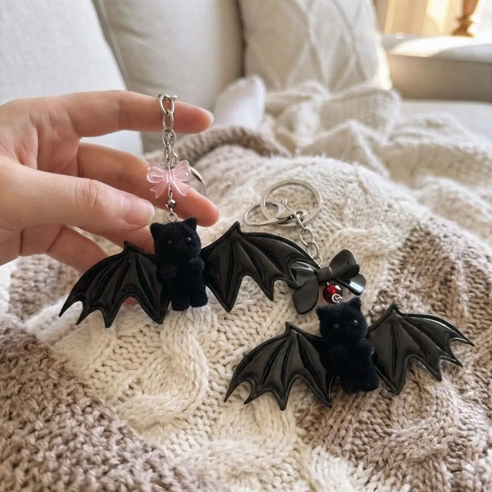 Gothic Style Bear with Wing Keychain Dark Fluffy Novelty Bow Bat Bear Bag Pendant Soft Touch Animal Plush Bat Bear Keyring