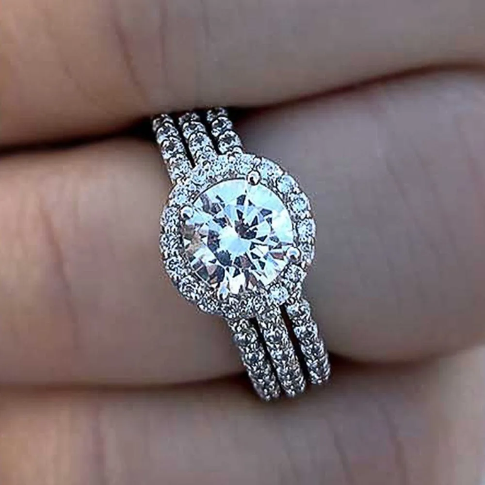 Luxury Glittering Silver Color Three Layers Inlaid Round 5A Zircon Finger Rings for Women Bridal Engagement Wedding Jewelry Gift