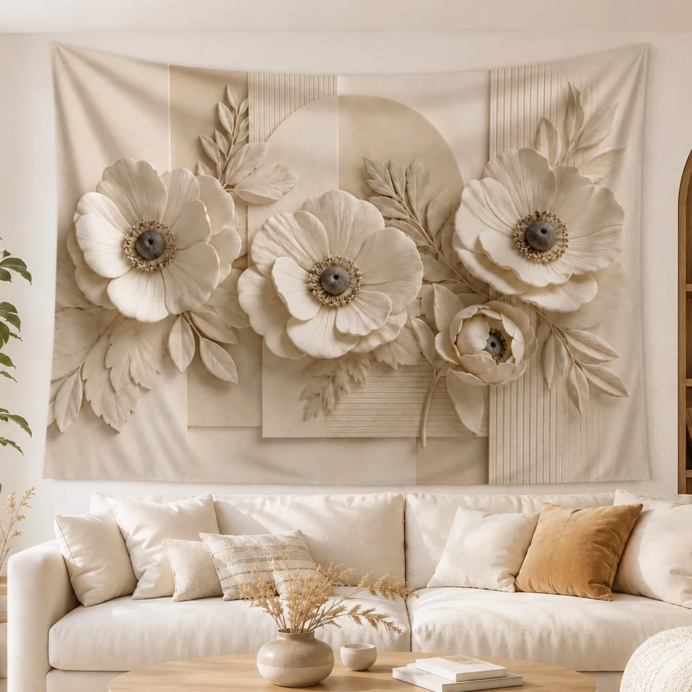 Neutral 3D Beige Flower Wall Tapestry Abstract Textured Floral Wall Hanging Aesthetic Bedroom Home Decor Housewarming Gift