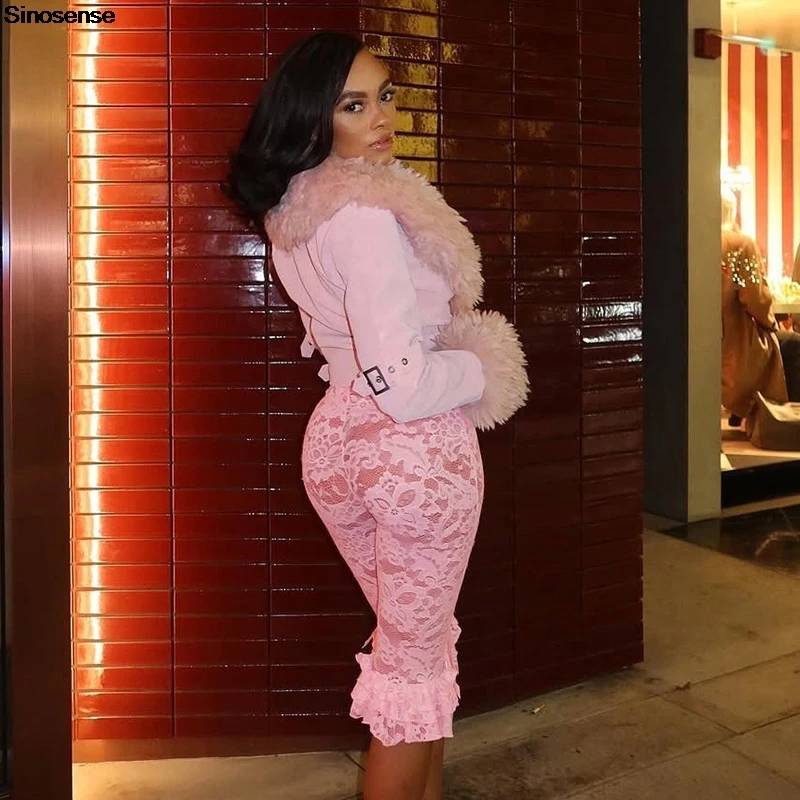 Kobiety Seksowne Kwiatowe Koronkowe Przezroczyste Siatkowe Spodnie Ruffle Rozciągliwe Rajstopy Długość do kolan Capri Pant Y2K Night Out Club Party Pants