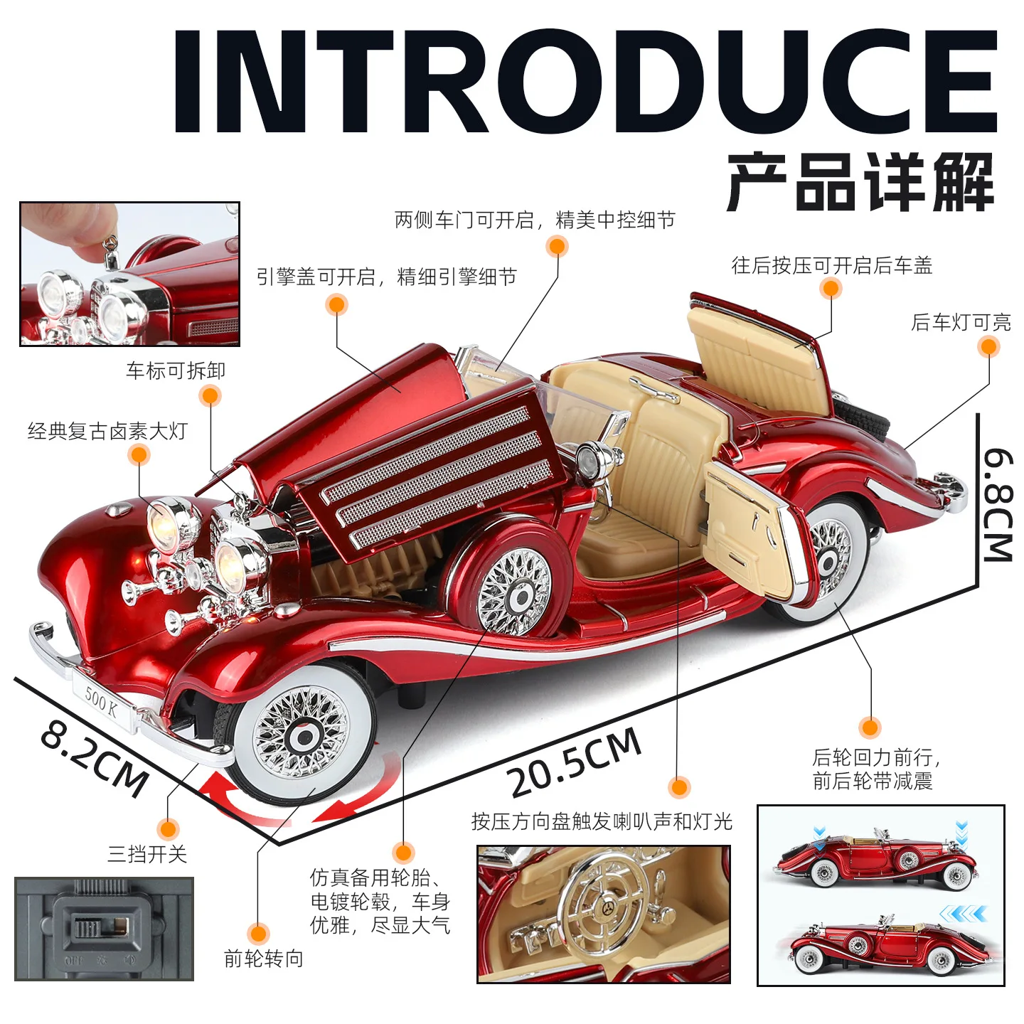 1:24 Alloy Vintage Car Model, Classic for 500K and CLK-GTR Series, Suitable for Youth Collection and Display view 4