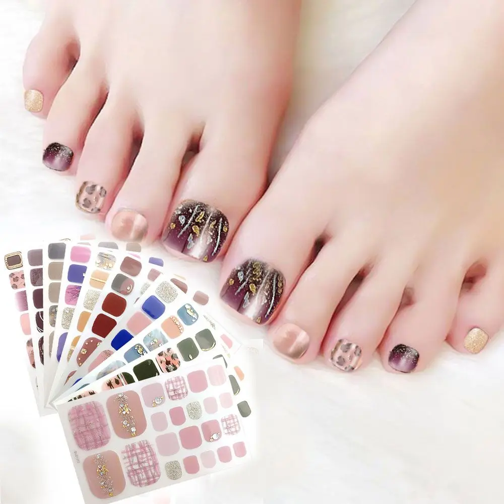 Fashion Nail Art Toe Nail Stickers Fresh Style 3D Full Cover Toe Waterproof Nail Decal Fake Nails Stripe Women Girls Foot Decor