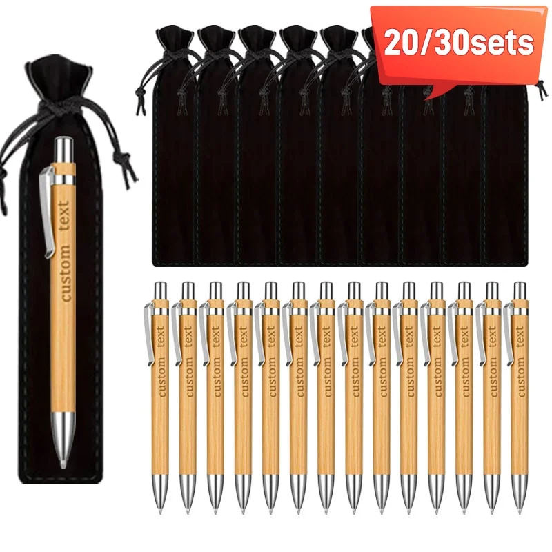 20/30 Sets Customizable Carving Bamboo Ballpoint Pens Personalized Wooden Oval Pens with Black Pouches for Gifts Party Favors