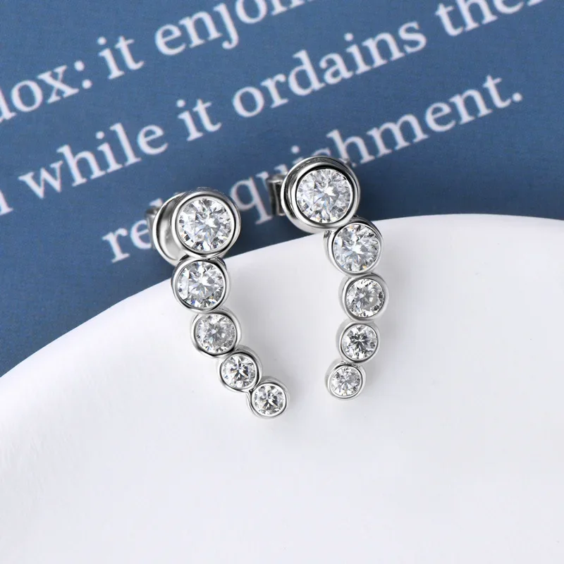 D Color Moissanite Smile Curve Stud Earrings For Women S925 Silver Row Round Diamond Bezel Ear Studs Party Fine Jewelry