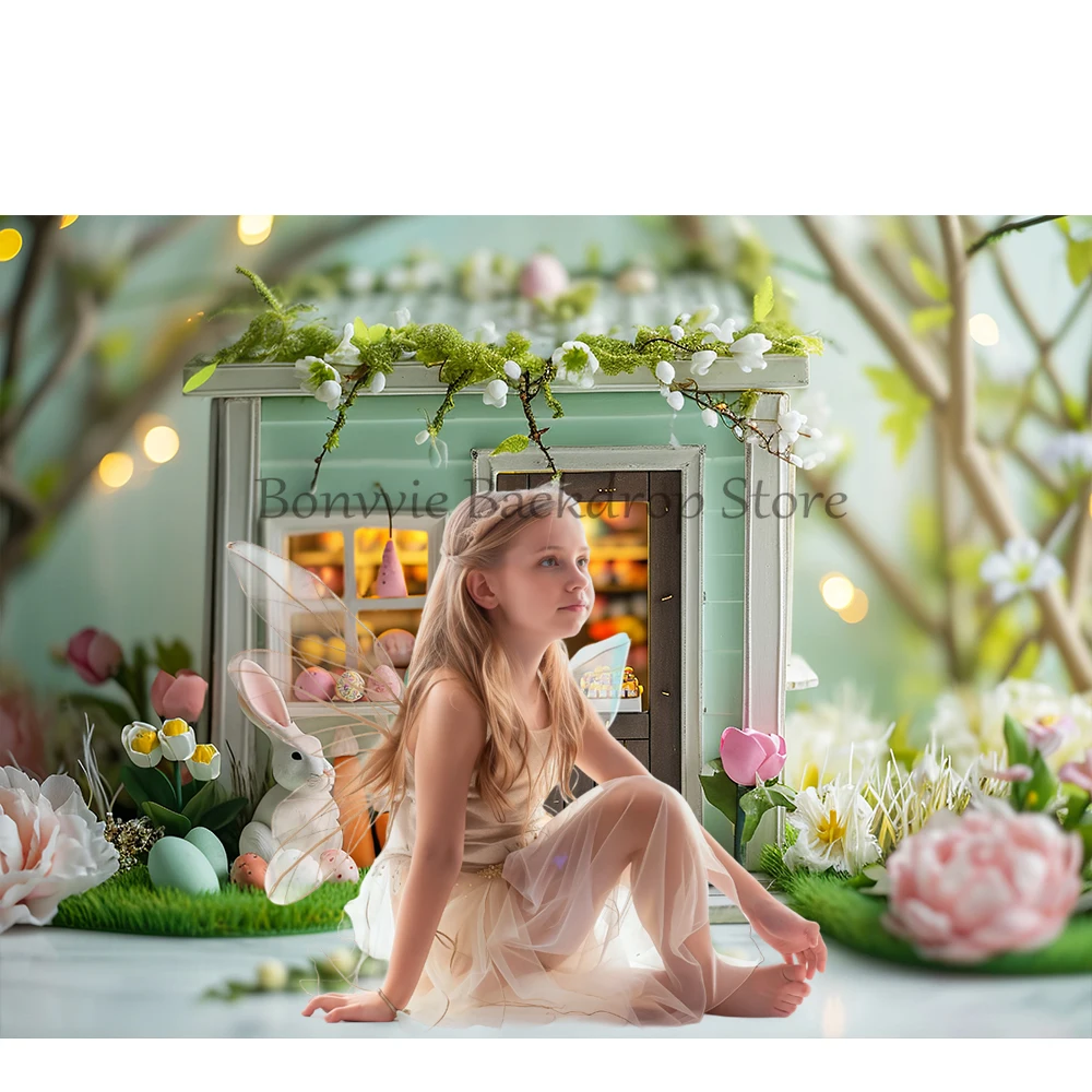 Bonvvie Spring Easter Backdrop Photography kids Portrait Newborn Shower Background Wooden Door Flower Egg Decor Photo Studio