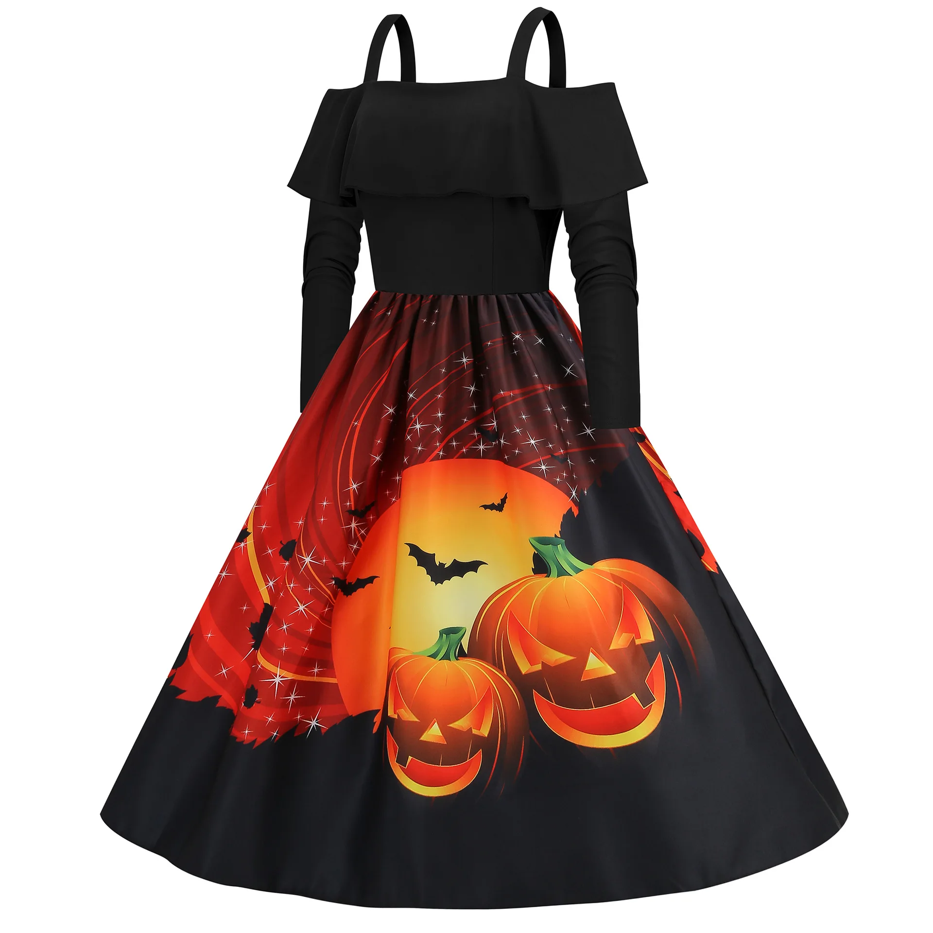 秋冬スタイリッシュなハロウィーンパーティードレス、女性用薄いストラップ付き、長袖ヴィンテージプリントドレスナイト