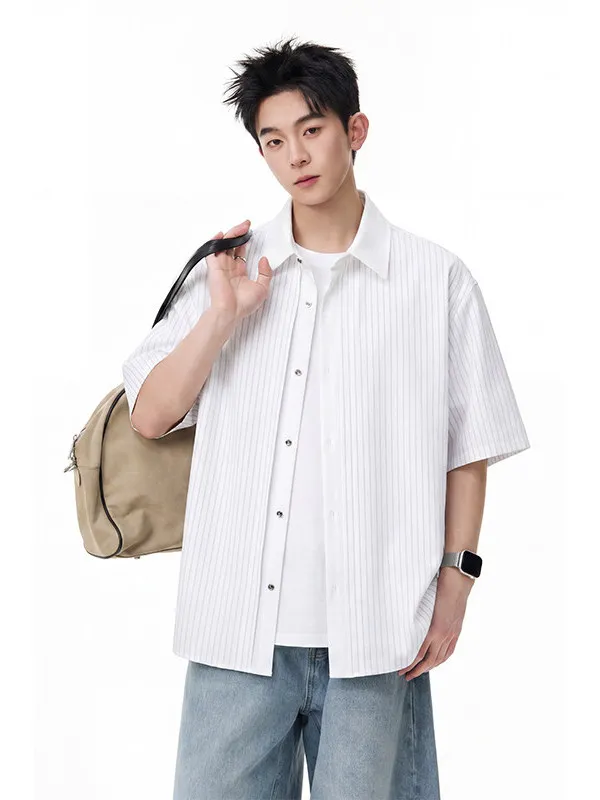 

Summer Casual Loose Men's Short Sleeve Shirt Stripe Pattern Fake Two-Piece Design Versatile Comfortable Fashionable Male Top