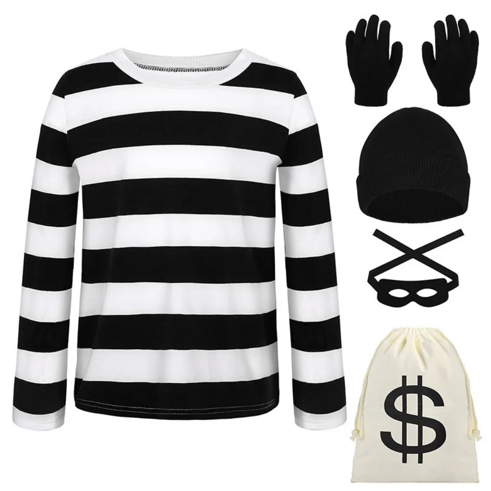 

Adult Unisex Robber Costume Set Black and White Striped T-Shirt Thief Accessories for Halloween Cosplay Costume