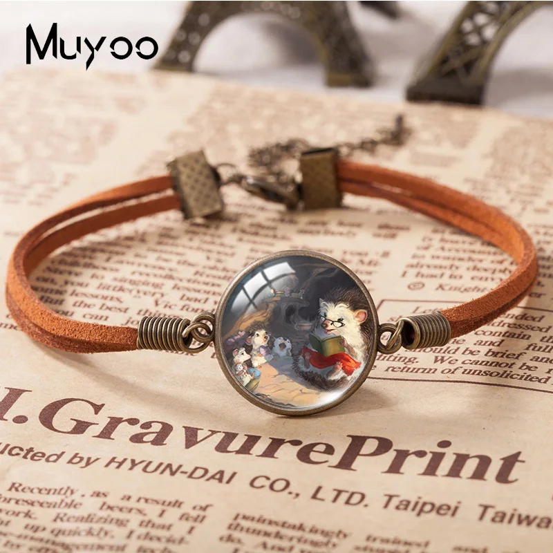 2023 New Cute Hedgehog Leather Bracelet Animal Painting Glass Dome Photo Bracelets Handmade Jewelry For Women