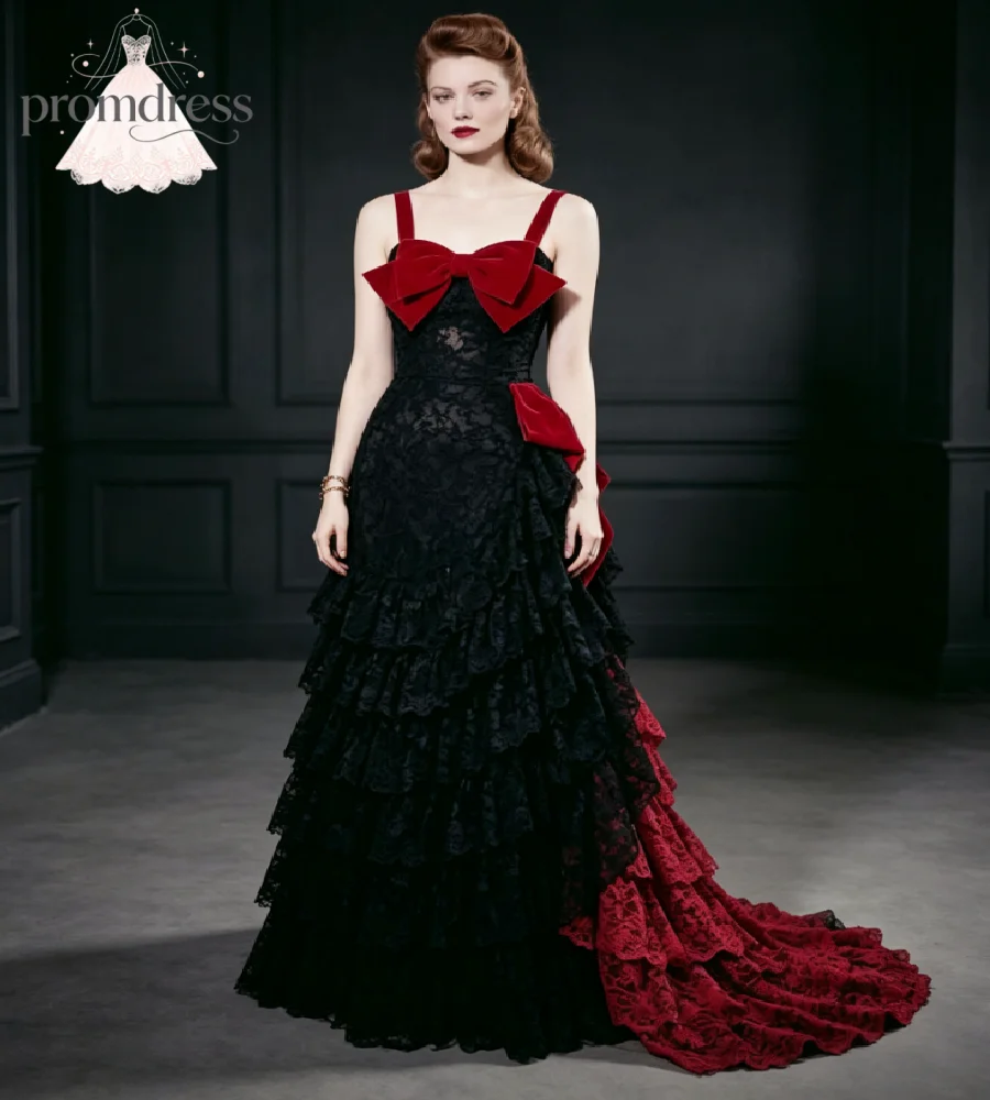 Vintage Black And Red Wedding Dress 2027 Spaghetti Straps Lace Tiered Ruffles Vampire Halloween Bridal Dresses Multi Layer Party