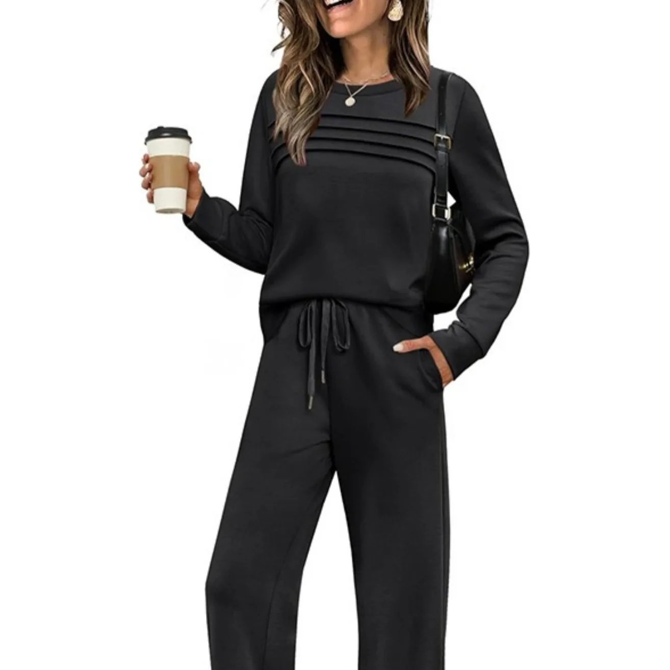 New Fall Women's Casual Two-Piece Set - Pure Color Loose-Fitting Long-Sleeved Set