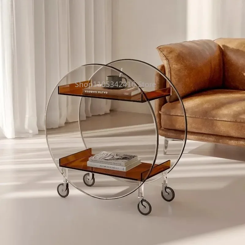 Mobile Acrylic Trolley Round Storage Cart, Portable Side Table for Sofa Edge Snack Organizer Home Living Room Daily Use