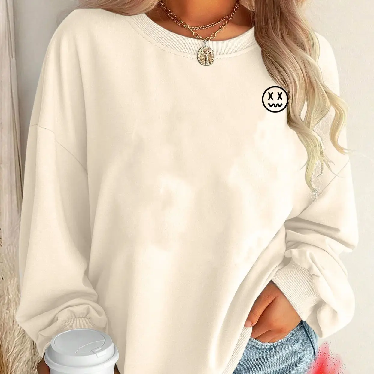 

Round Neck Sports Quality Women's Plush thickened Autumn Winter Cotton Loose Casual Smile print Men's Long Sleeve Clothing