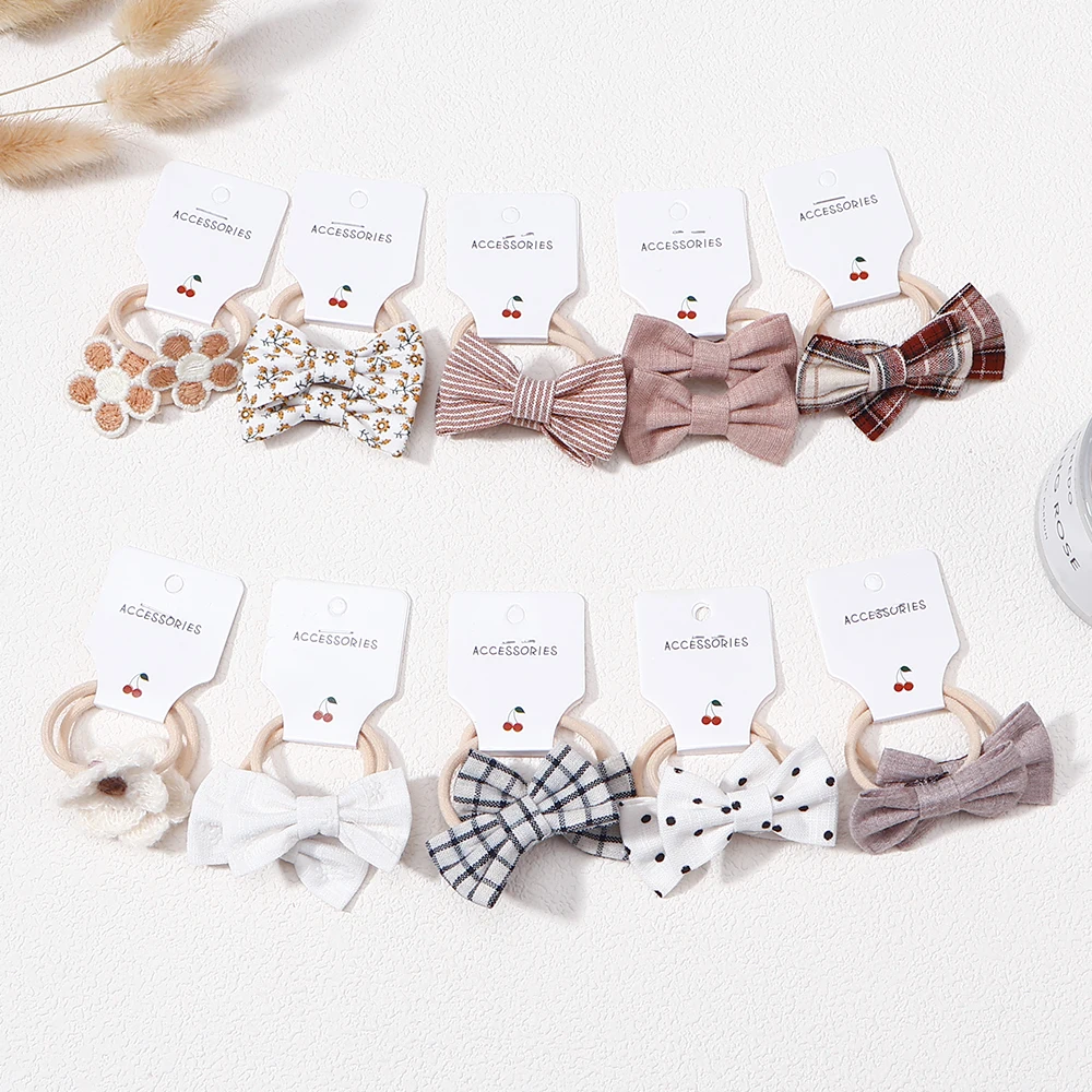 10Pcs Bow Plaid Rubber Band Hair - Fashion New Children's Bow Hair Accessories Clip Gift - Solid Color Hair Clip Rubber Band
