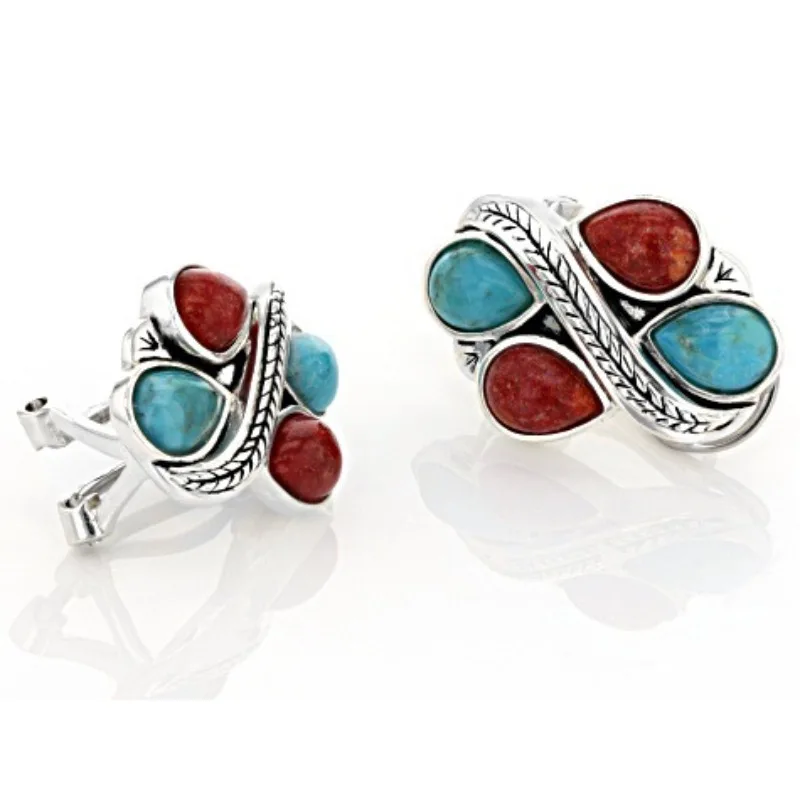BKBK Antique Silver Leaf Carved Turquoise Red Coral Teardrop Clip on Women Earrings Wedding Earrings Fashion Jewelry Gift for Bride Ladies Mom Christmas Valentine 4th July Western Boho Daily Party Accessories