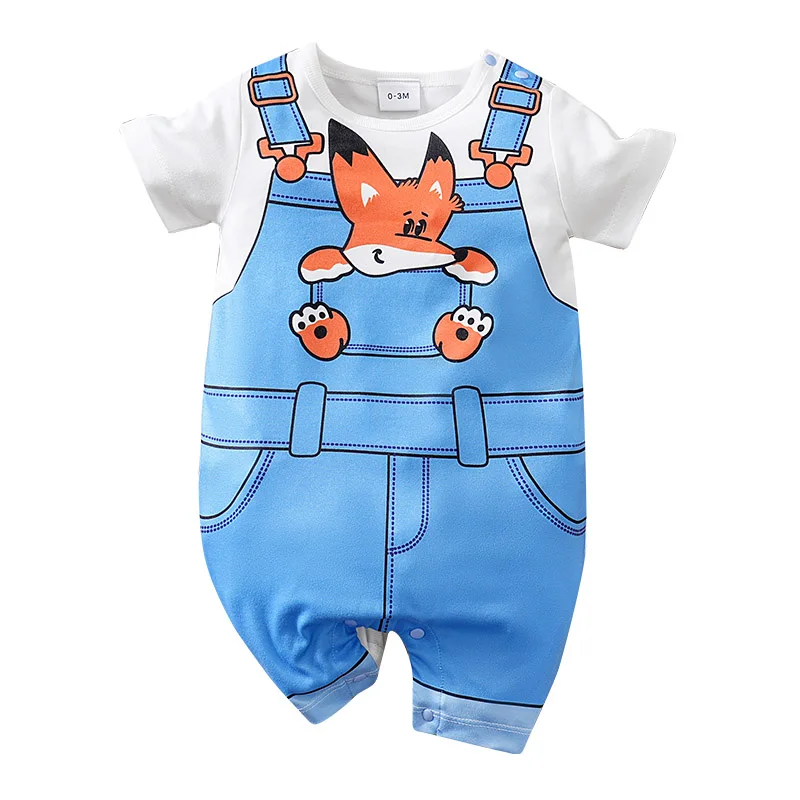 Newborn Baby Cute Cartoon Fox Fake Denim Overalls Romper, Short Sleeve Stretch Infant Summer Jumpsuit Outfit 0-18 Months