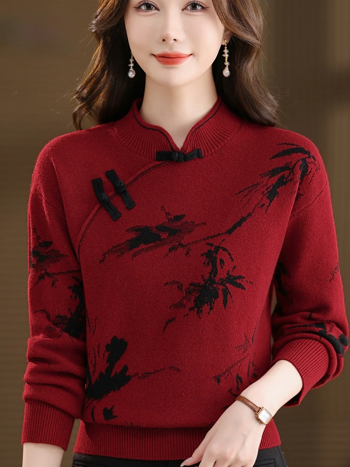 

Autumn Winter New Chinese Style Women's Knitted Base Shirt Stand Collar Printed Button up Warmth Elderly Mothers Personality Top