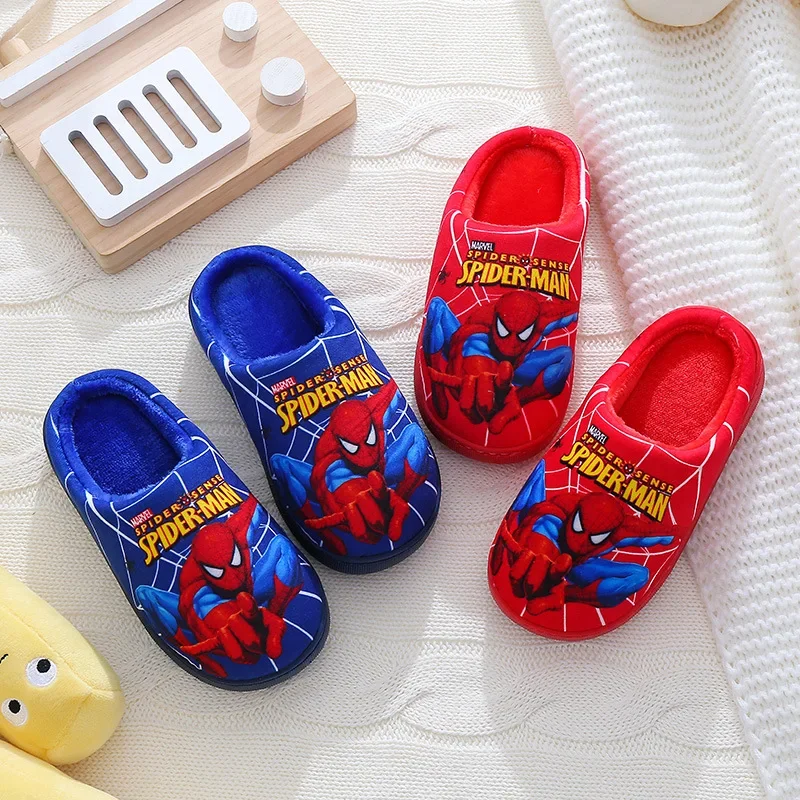 Disney Spider-man Winter Children's Home Indoor Cotton Slippers Baby Kid's Antiskid Warm Flat Flip Flops Plush Cotton Shoes