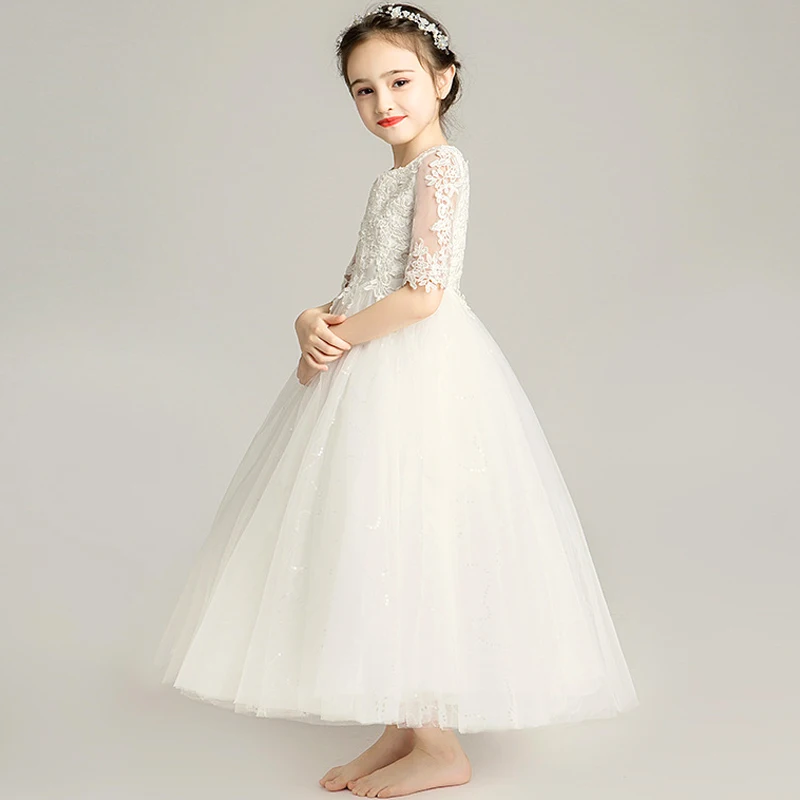 White Lace Flower Girls Dresses Little Girls Baptism Chirstening Tutu Dress Toddler Girls Communion Princess Long Dresses Tiered