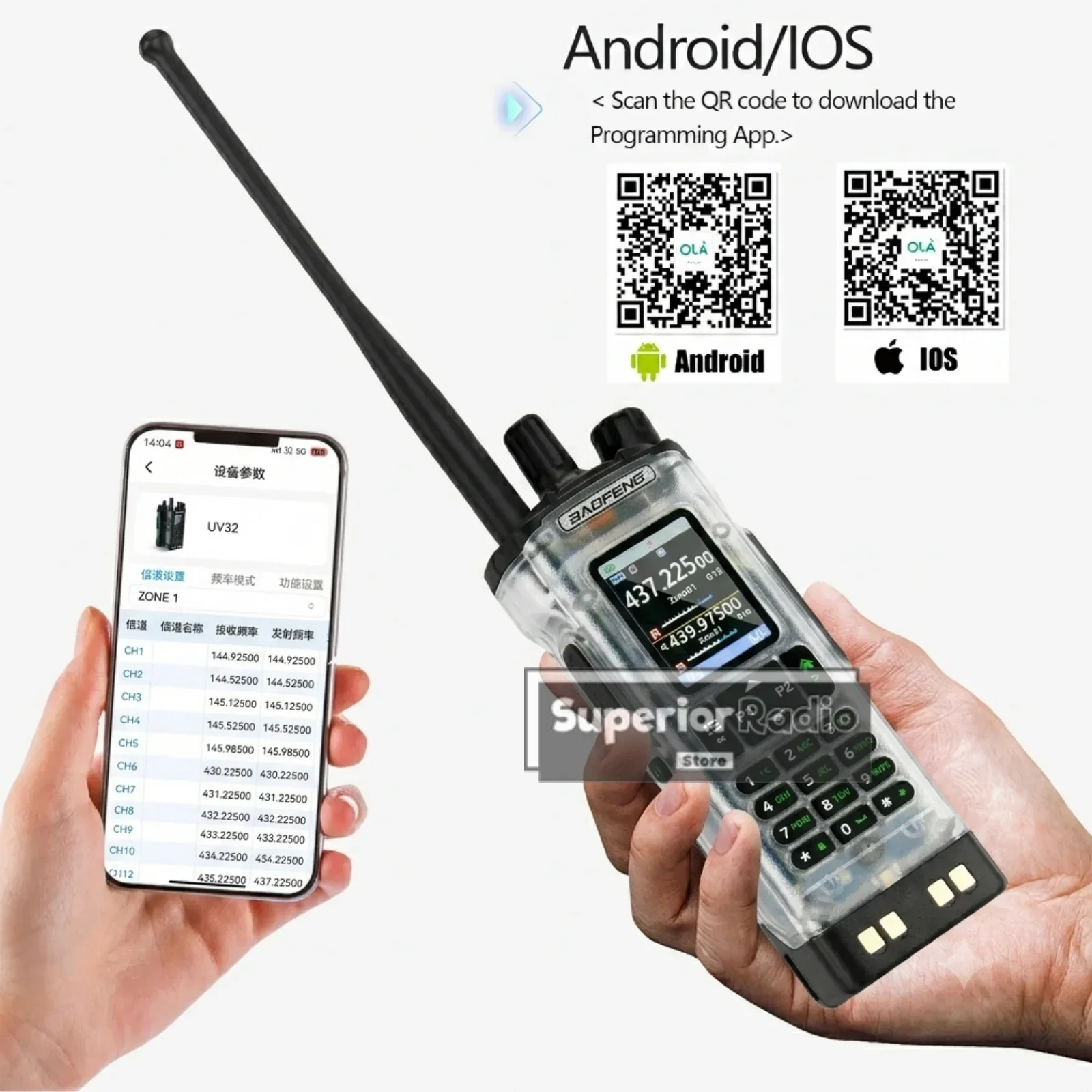 Baofeng UV-32 Walkie Talkie Transparent GPS 10W Bluetooth Programming Belt Holder Case with Clip Air Band Amateur Two Way Radios