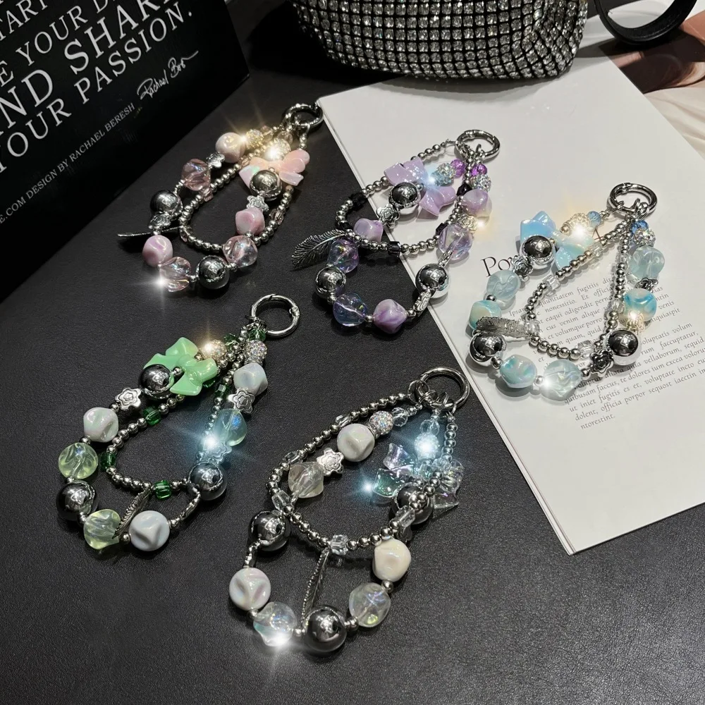 premium electroplated double chain phone lanyard glass beads keychain for women short strap cute bow charm gift
