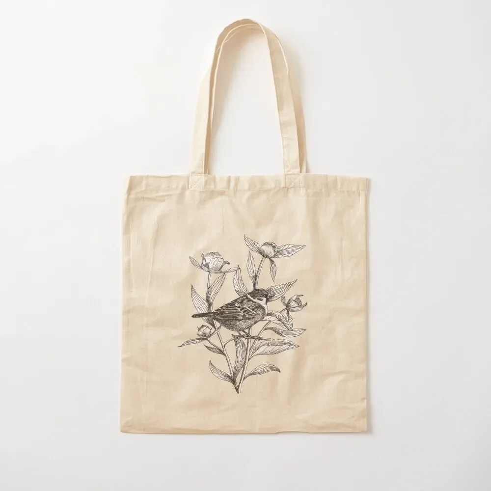 

ink sparrow and peonies on terracotta background Tote Bag custom fabric bag Custom bag free delivery bags Canvas