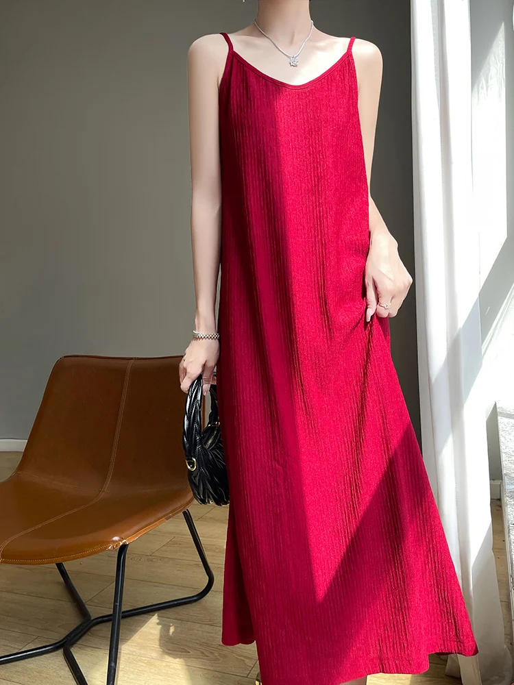 

Women's Solid Color Spaghetti Straps Summer Boho Beach Dress Elegant Suspenders V-Neck Soft Loose Fabric Dress Vestidos