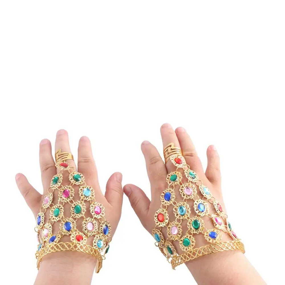 Shining Ring Indian Dance Performance Jewelry Rhinestone Finger Bracelet Diamond Bracelet with Rings Hollow Alloy Show Out