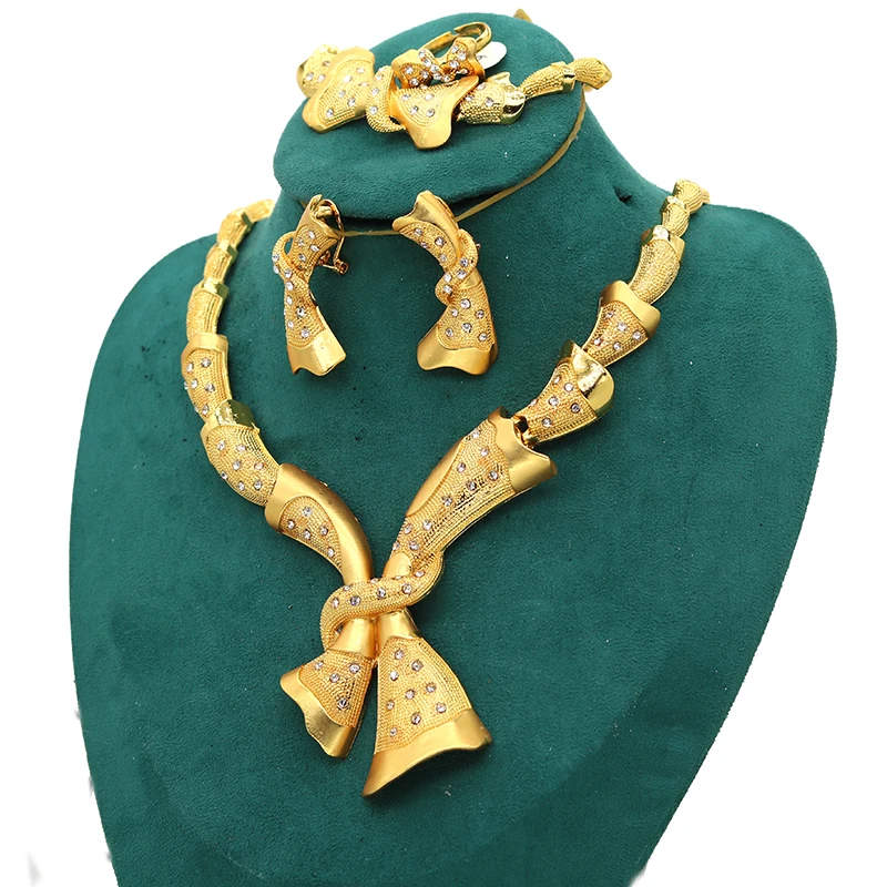 24k Gold Dubai Fashion Women's Jewelry Set Ethiopian Gold Dotted Brick Necklace Bracelet Ring Earring Jewelry Set