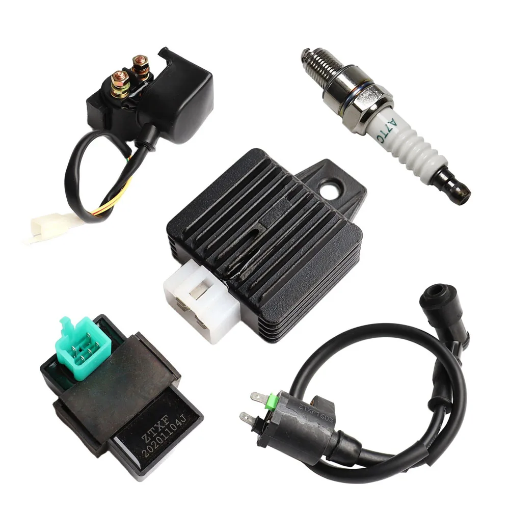 

Ignition Coil 5-PIN CDI Box Solenoid 4-PIN Relay Voltage Regulator Spark Plug Kit for 50cc 70cc 90cc 110cc 125cc ATV Chinese Go