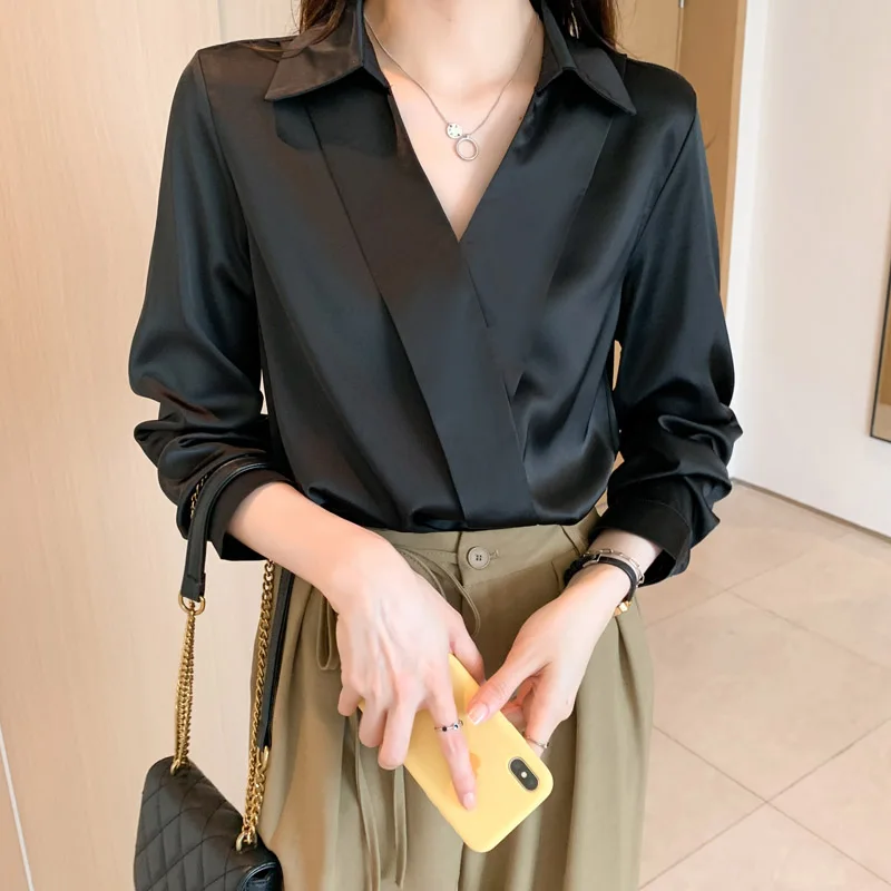 2024 Spring Fashion Solid V-neck Chiffon Blouses Women Clothing Soft Loose Commuting Casual Shirt Top Chiffon V-neck Pullovers