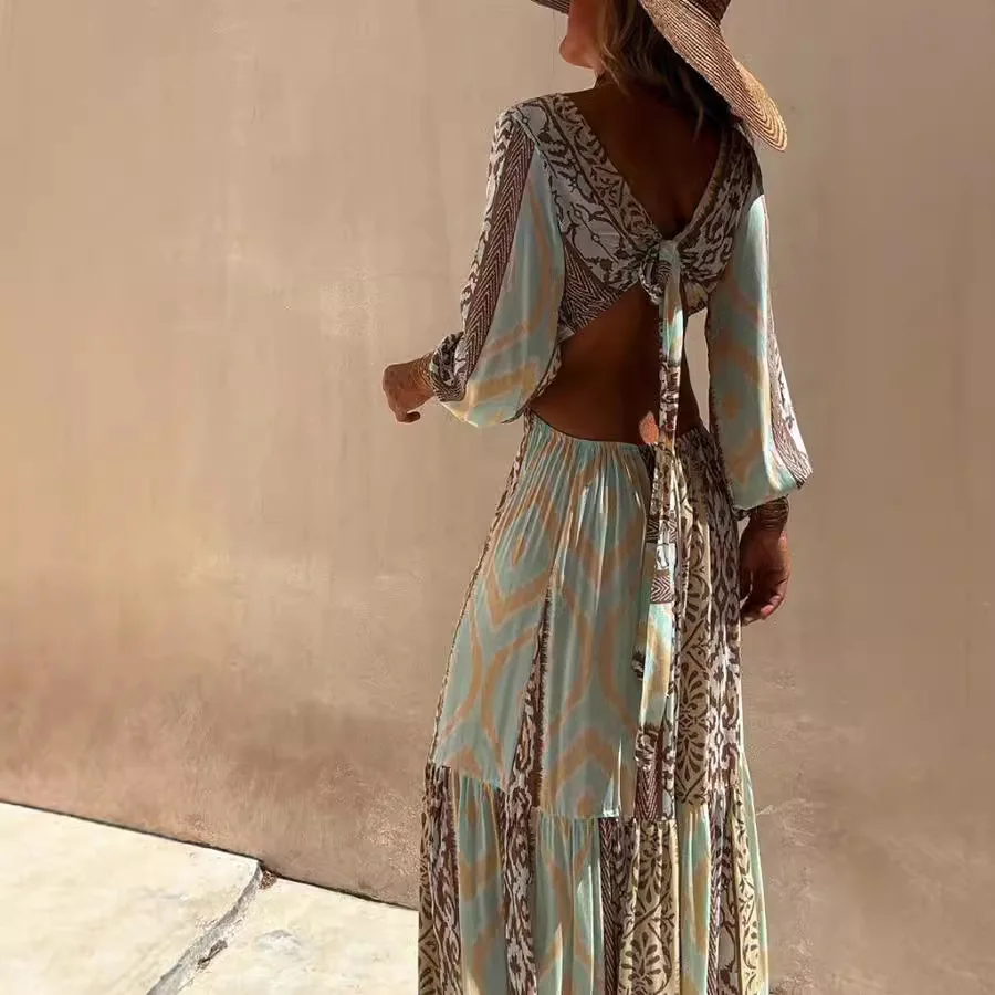 Abito stampato sexy con scollo a V profondo Moda donna Boho Hollow Backless Lace Up Abiti lunghi Abiti casual a maniche lunghe stile vacanza