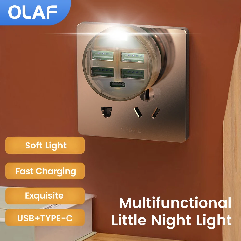 5 Ports USB C Charger Fast Charging Mini Soft Night Light Conversion Bedroom LED Night Light Bedside Switch Lamp Expansion Dock