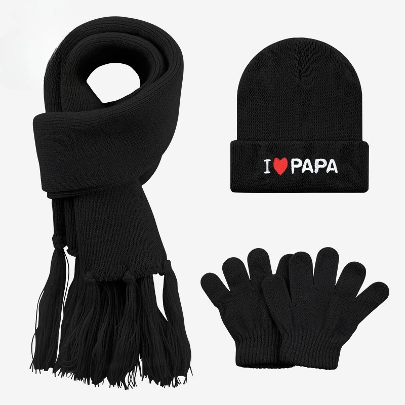 Chic I Love PAPA Embroidered 3Pcs Kids Winter Hat Scarf Gloves Set, Warm Knit Accessories for 1‑3 Years Toddler Casual Daily Wea