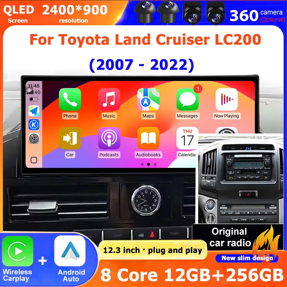 Android 16 CarPlay para Toyota Land Cruiser LC200 2007 - 2022 pantalla QLED Radio de coche reproductor Multimedia navegación GPS 360 cámara