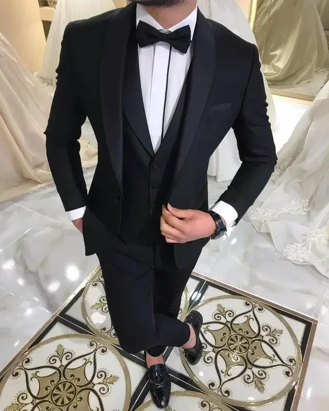 

3 Piece wedding Men Suits Black Shawl Lapel Casual Tuxedos For Wedding Groomsmen Suits Men (blazer+vest+pants)