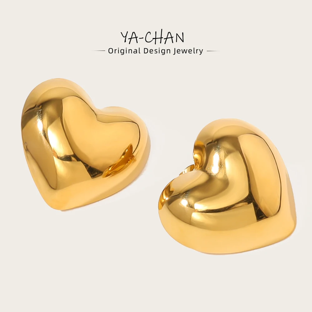 YACHAN Trendy Stainless Steel Heart Stud Earrings for Women Punk Elegant Minimalist Glossy 18K Gold Plated Jewelry Waterproof