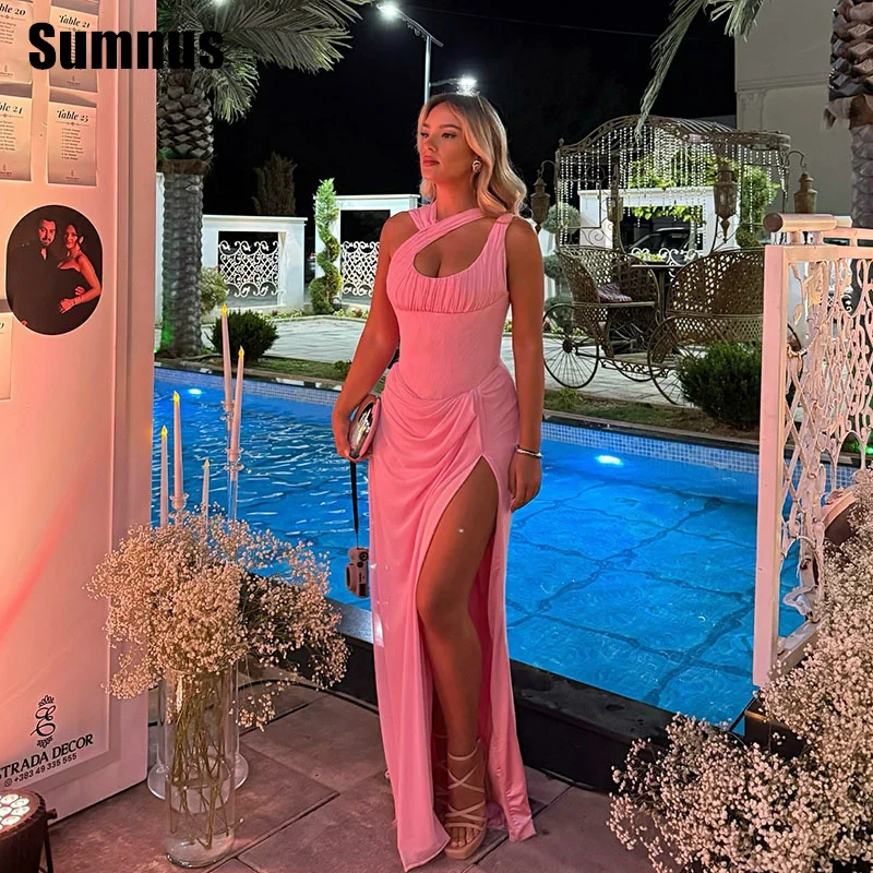 

Sumnus Simple Mermaid Pink Evening Dresses Halter Sleeveless Side Slit Formal Occasion Dresses فساتين سهرة Customized