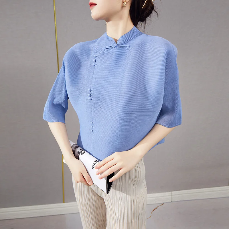 

Miyake плиссированная женская одежда в национальном стиле 2025, новая темпераментная рубашка, женский нишевый плиссированный топ на пуговицах в стиле ретро, женский