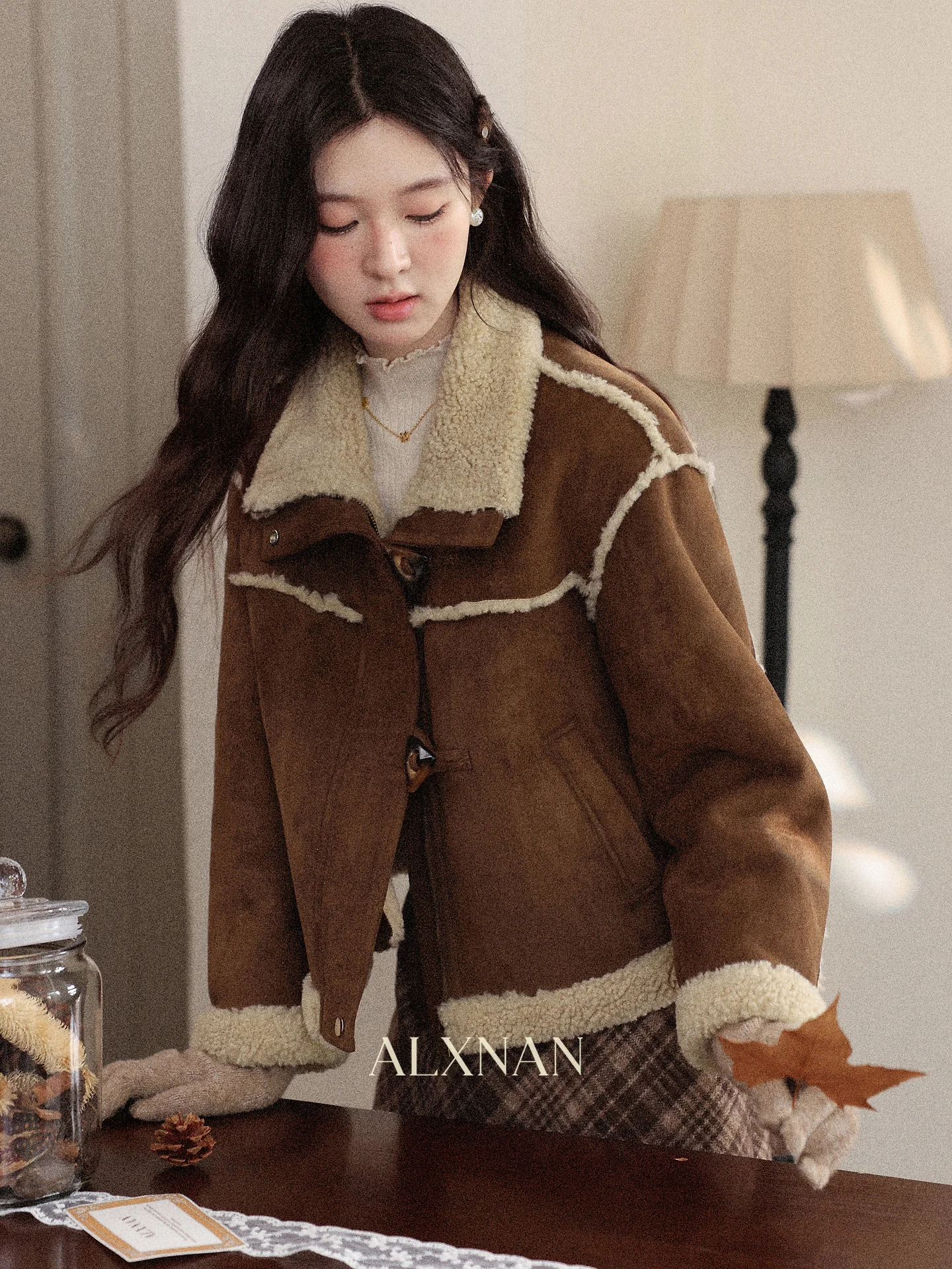 South Deer スエードショートコート レディース ルーズ 長袖 ターンダウンカラー アルパカウール ジャケット 秋冬 アウター トップス