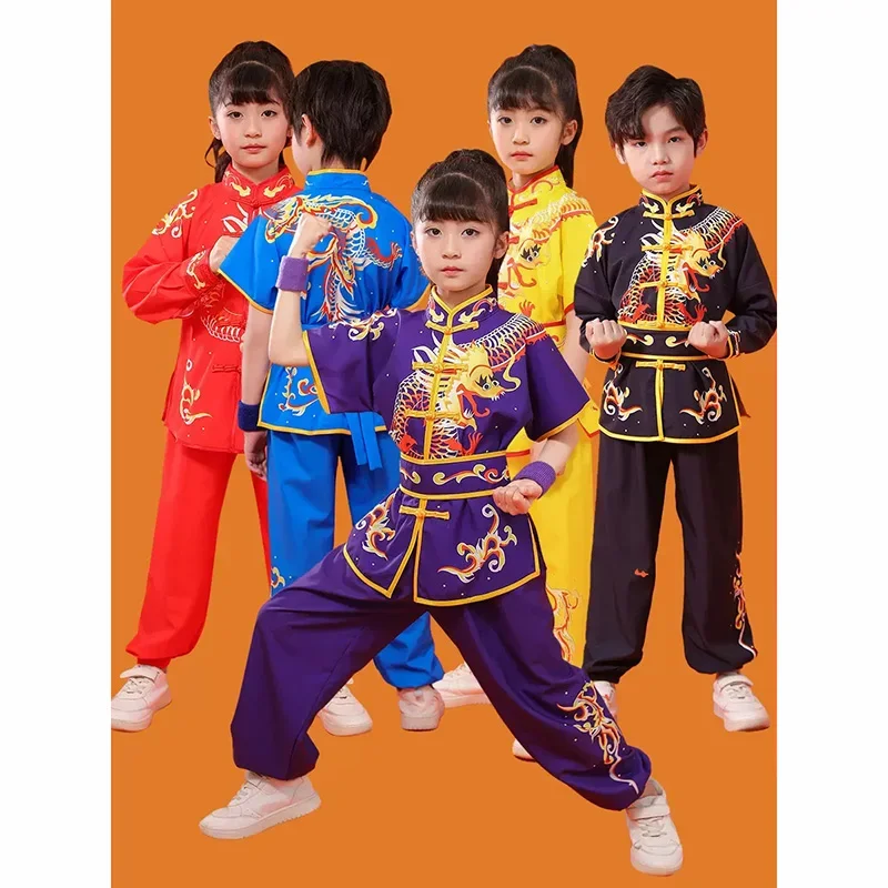 

2024 chinese children tai chi wushu clothing martial arts suit kung fu uniform wing chun shaolin dragon print vintage kungfu set