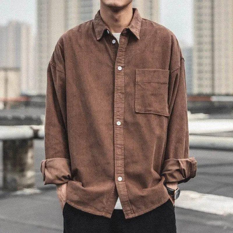 Men's Long Sleeve Corduroy Work Shirt Spring Autumn Wear Resistant Dirt Easy Care Casual Style Outerwear for Youth