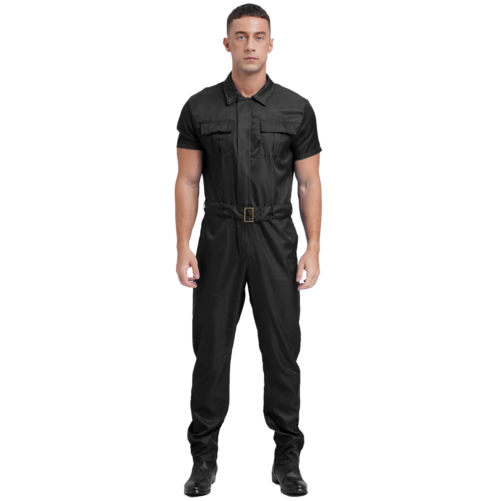 

Mens Summer Work Wear Resistant Coverall Overalls with Belt Short Sleeve Front Zipper Multiple Pockets Jumpsuit Dungarees