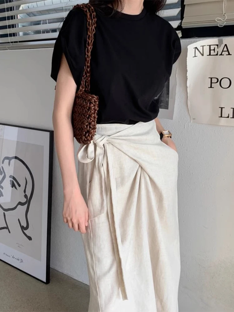 

Chic Sweet round Ne ort Sve T-irt High Waist Asymmetrical Belt Design Skirt Set Women's Faion Summer Cotton Outfit