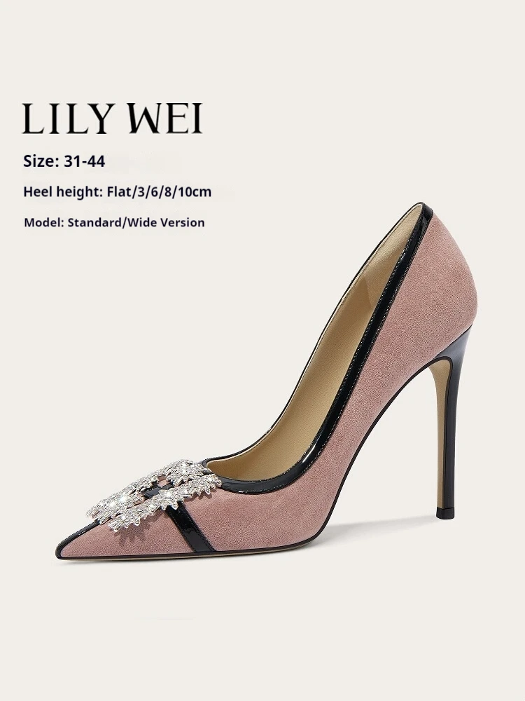 

Spring and summer new pointed suede rhinestone buckle flat shoes thin high-heeled banquet dress large size small size women shoe